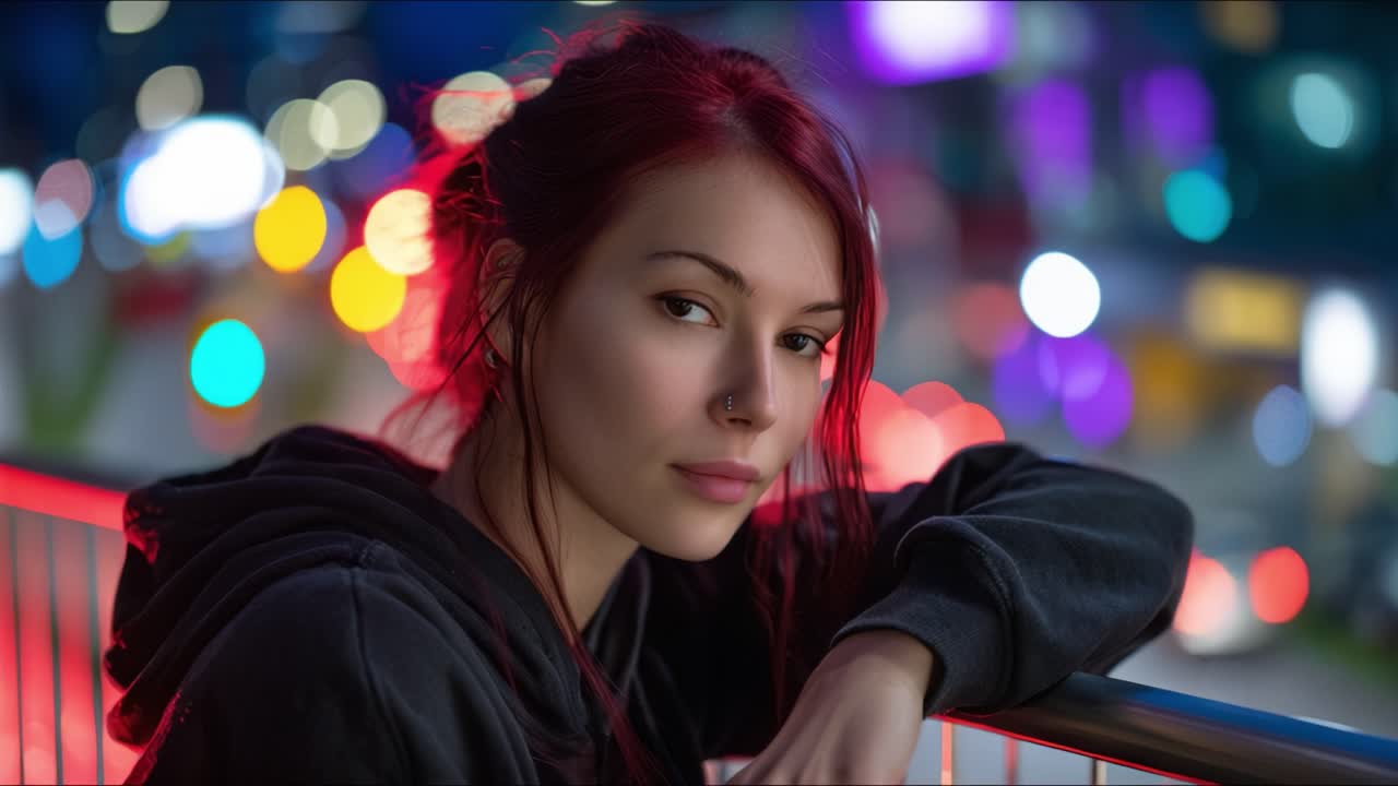Una giovane donna dai capelli rossi posa pensierosa contro un vivace sfondo urbano, illuminata da luci bokeh colorate, mostrando una fusione di introspezione e vita moderna.