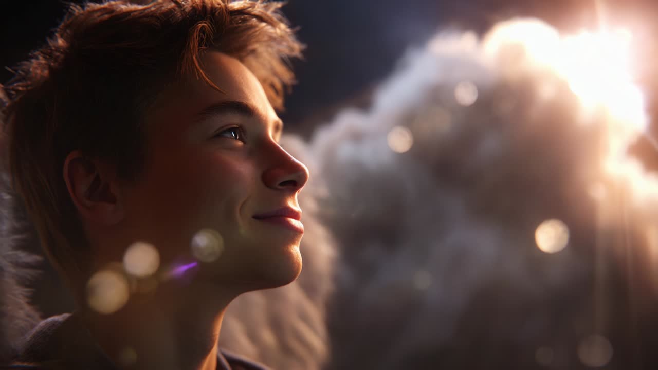 A Young Person's Hopeful Gaze Towards a Dreamlike Horizon with Ethereal Light and Soft Clouds, Capturing the Essence of Imagination and Future Possibilities in a Mesmerizing Visual Journey