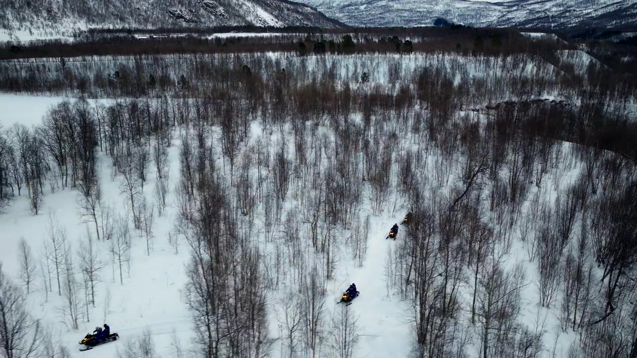 Widok z drona przez zaśnieżone brzozy na skutery śnieżne jadące po śnieżnej ścieżce w Tromsø, Norwegia.