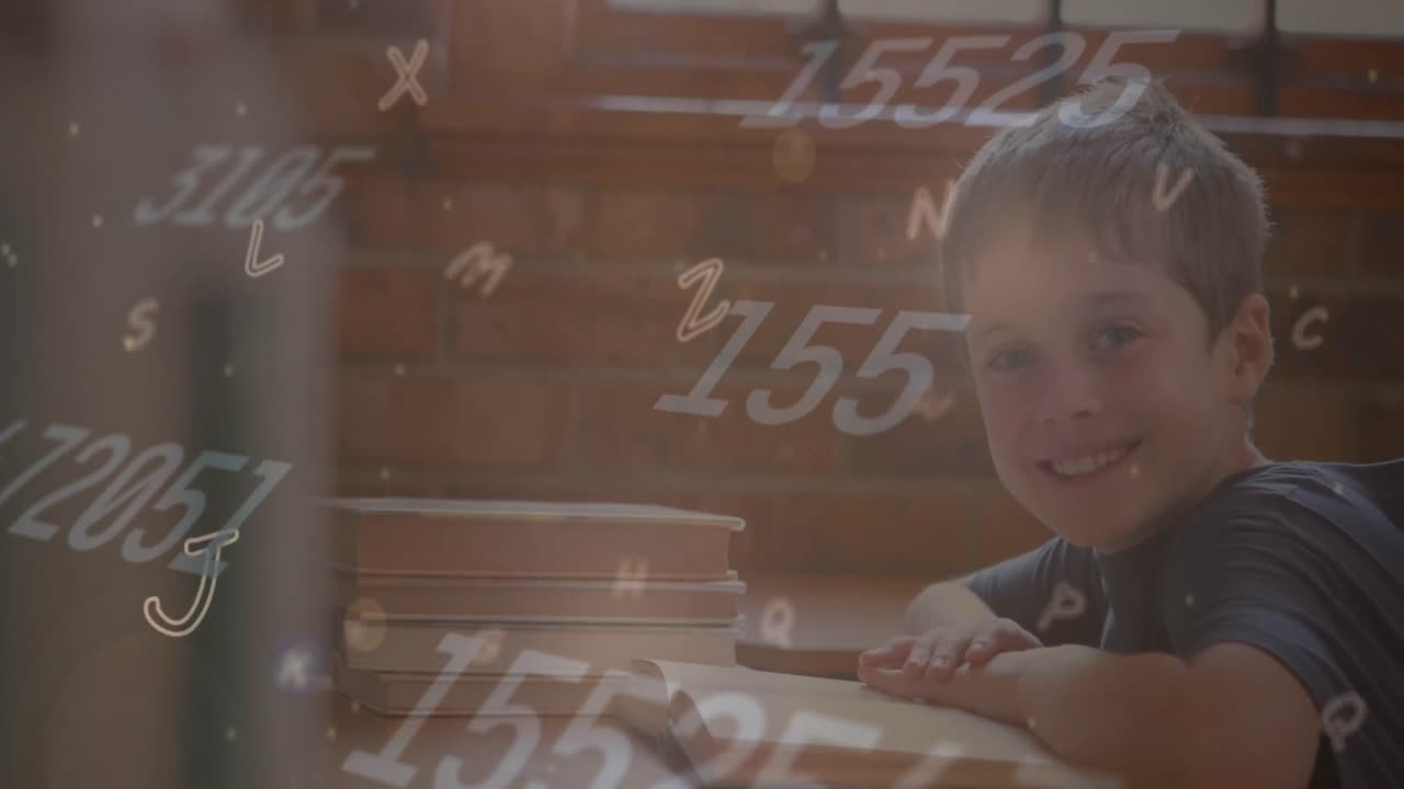 Animation of multiple alphabets and numbers floating over caucasian boy smiling in class at school