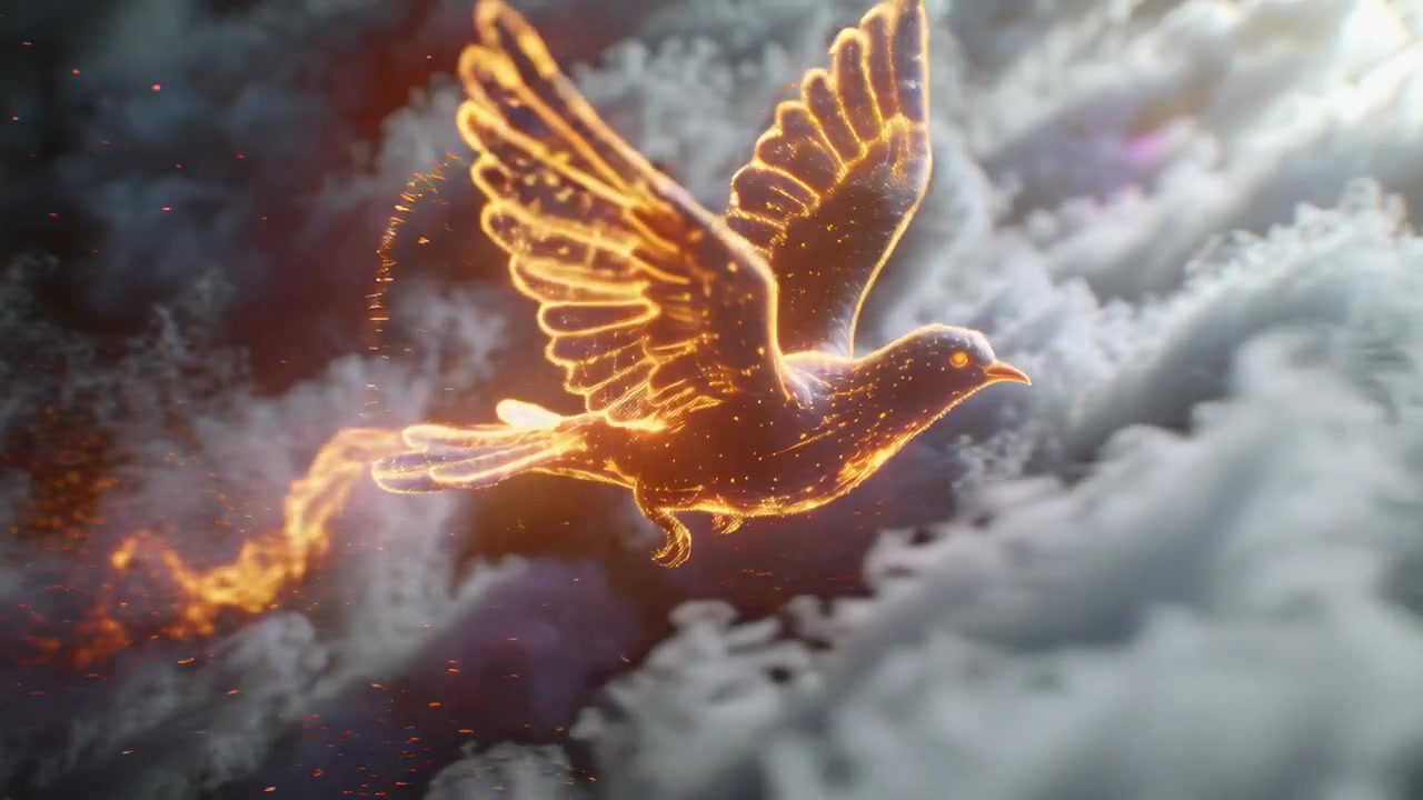 Un uccello stilizzato che emerge vola a destra, emettendo una scia di braci attraverso nuvole dense in cerca di luce.