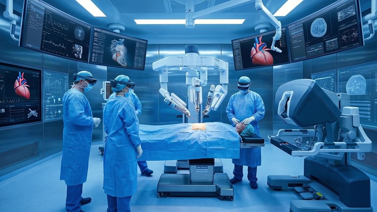 Surgical team performing a complex medical procedure using advanced robotic surgery technology in a modern operating room
