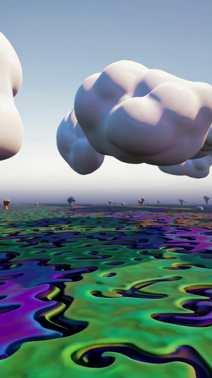Abstract Iridescent Landscape with Floating Forms