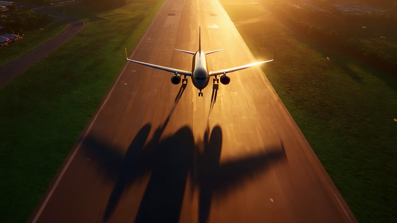 A majestic aircraft gracefully takes off into the golden sunset, casting a striking shadow on the runway, emphasizing the beauty and elegance of flight in a serene airport environment