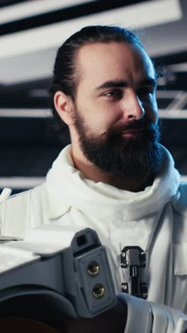 vertical video astronaut enters spaceship cockpit with equipment case