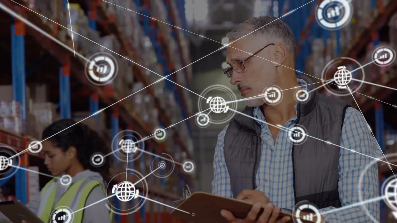animación de la red de conexiones con iconos sobre diversas personas de negocios que trabajan en el almacén