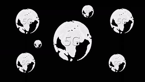 animation of rotating globes and 5g on black background