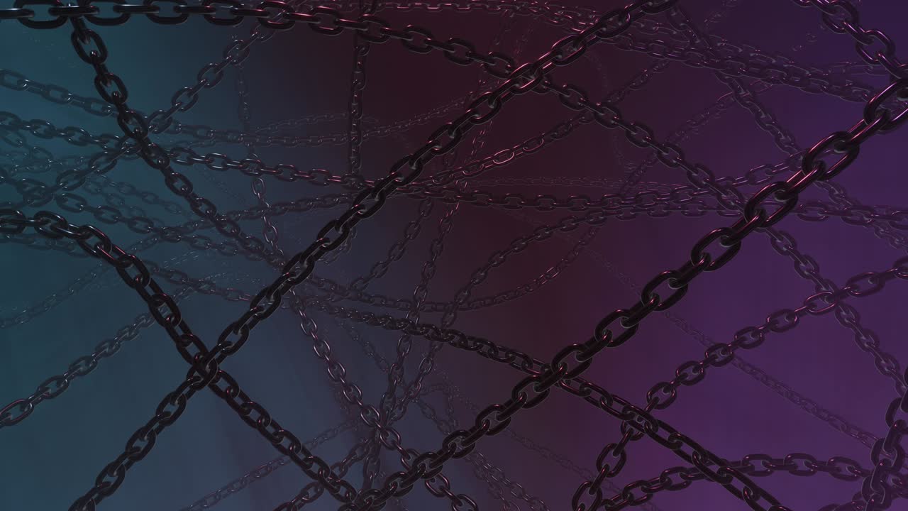abstracto fondo azul oscuro imágenes sin costuras con cadena de metal y iluminación de neón. concepto de diseño de horror con cadenas enredadas. animación de bucle de renderización 3d 4k.