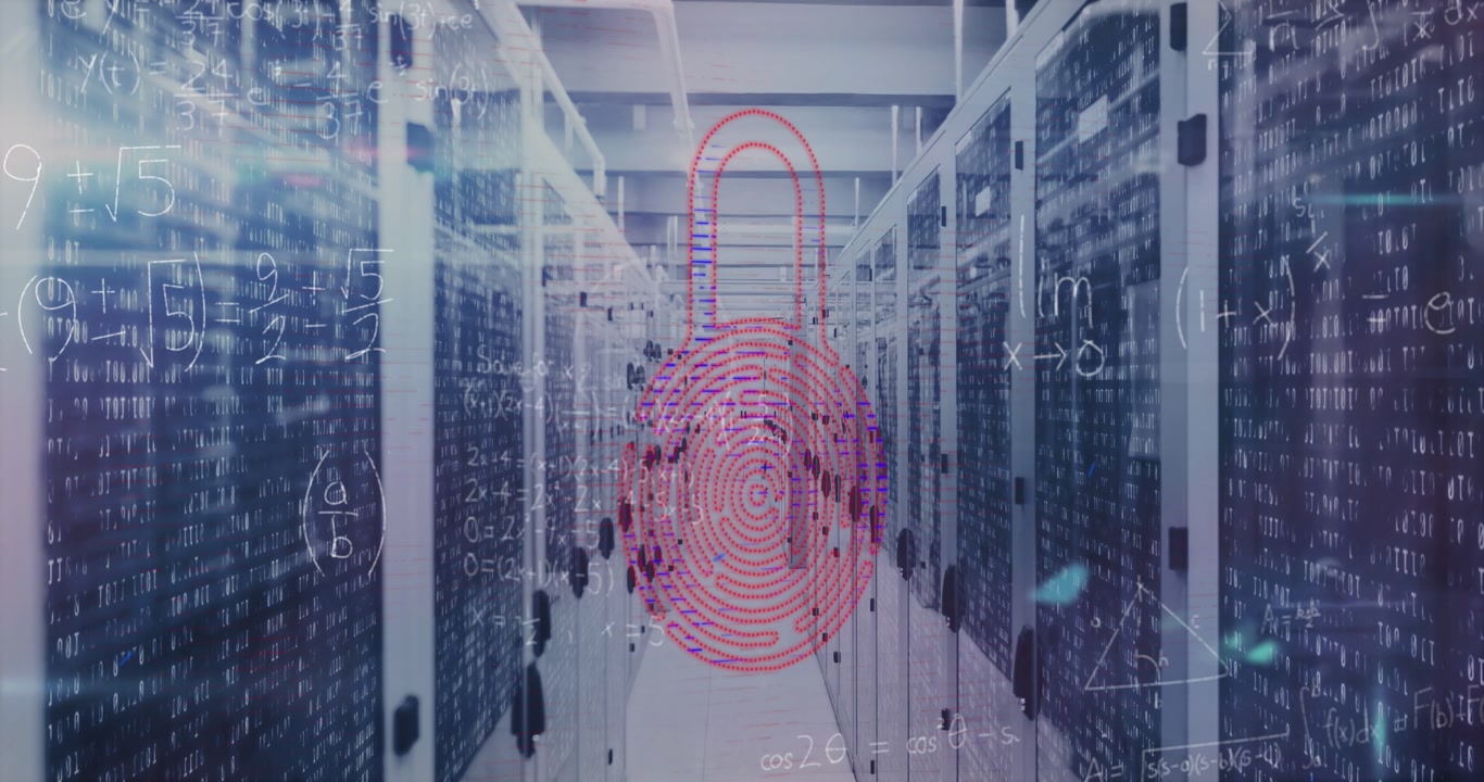 Digital Security Padlock Overlaid on Server Room with Data and Equations