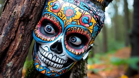 a colorful sugar skull mask hanging from a tree