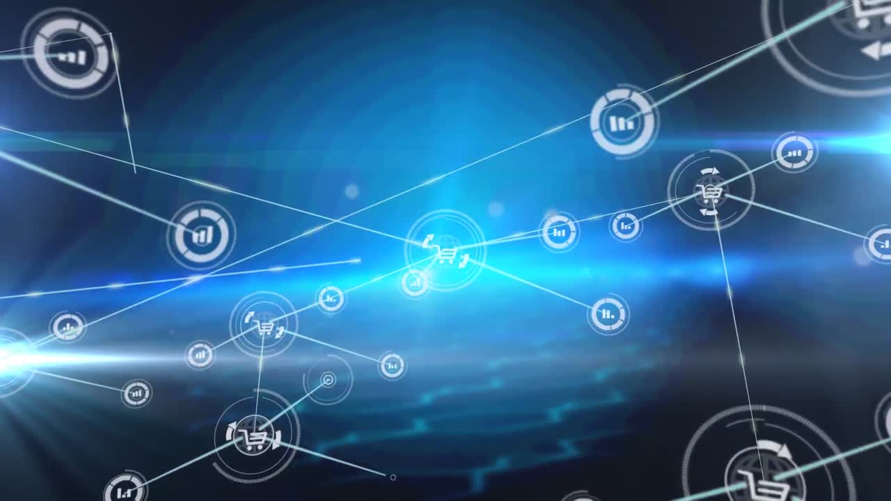 animación de la red de conexiones con iconos y rastros de luz sobre fondo negro