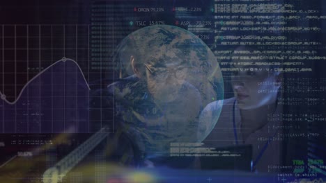 Animation of data over diverse male and female it engineer with tablet by computer servers