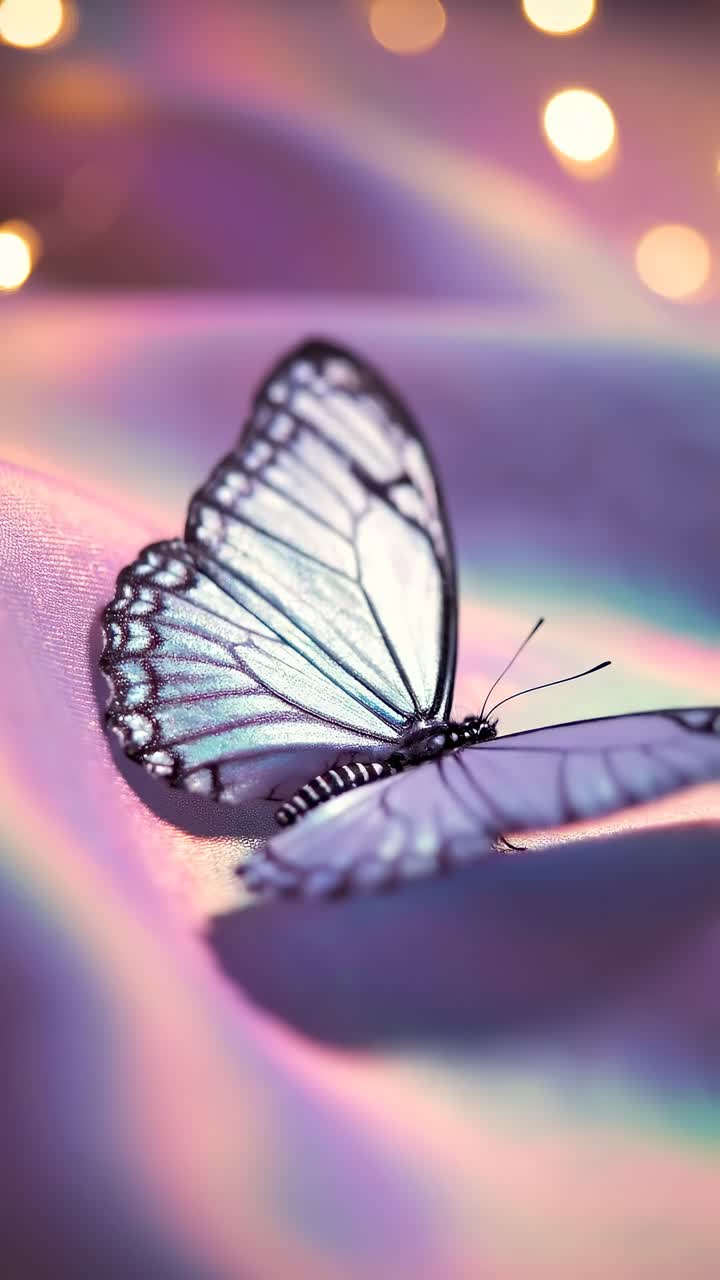 Angolazione video ravvicinata di una farfalla su tessuto iridescente, con luci bokeh sognanti.