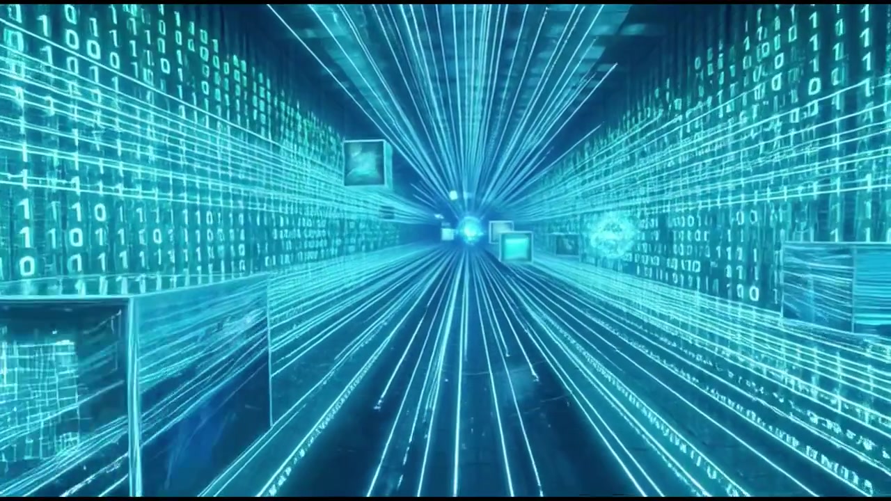 Digital Data Stream Tunnel with Floating Cubes and Binary Code