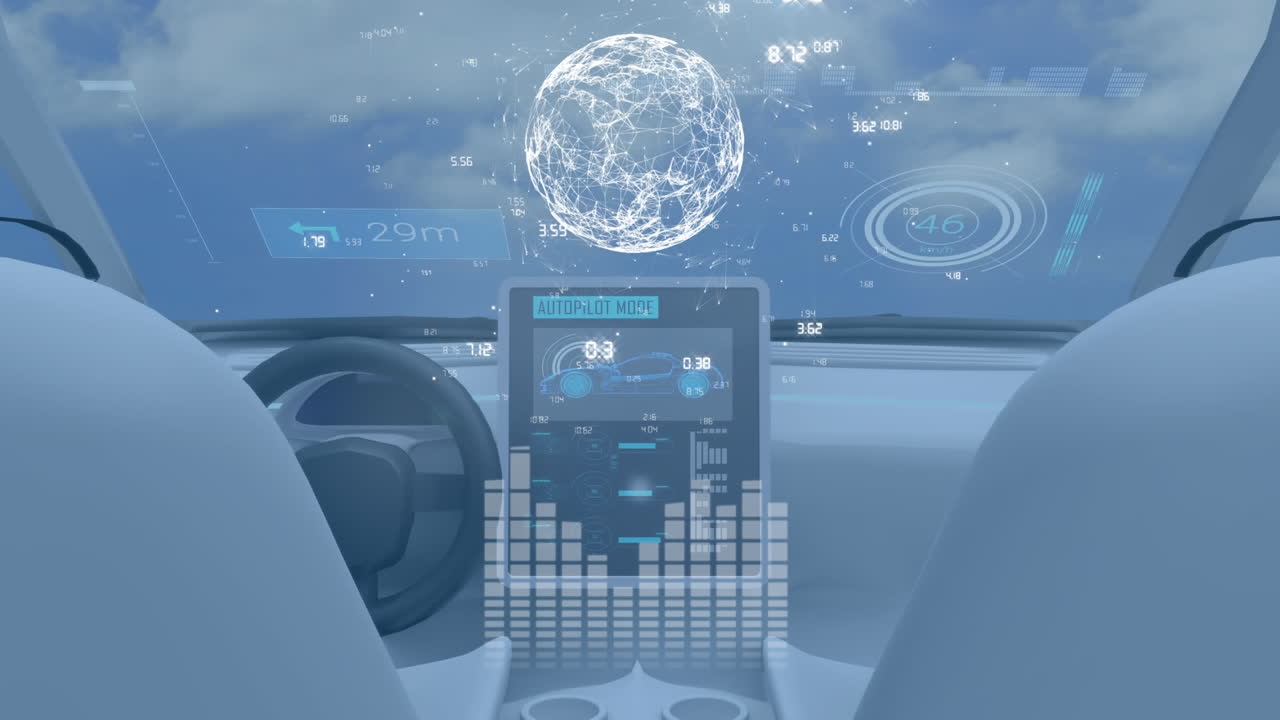자동차 대시보드에 있는 디지털 글로브 애니메이션은 글로벌 기술 연결을 보여줍니다.