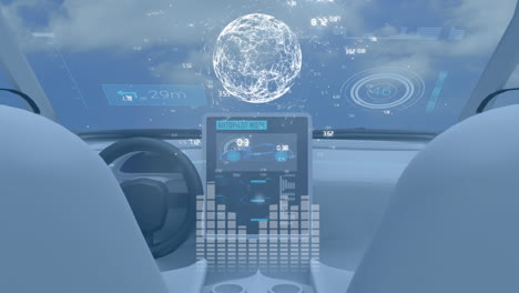 la animación digital del globo en el tablero del coche muestra conexiones tecnológicas globales.