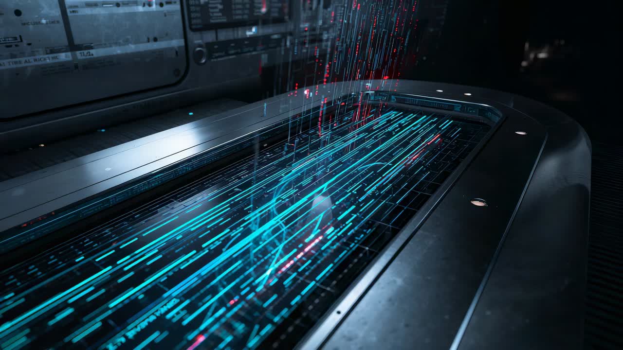 Receiving signal, data tray pulsing cyan bands in lab bay, red streams converging probe to sync