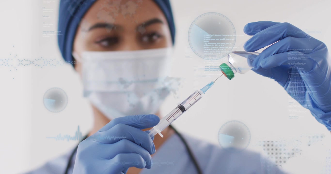 Clínica médica pressionando agulha em rolha verde e preparando a dose, com sobreposições de AR crescendo