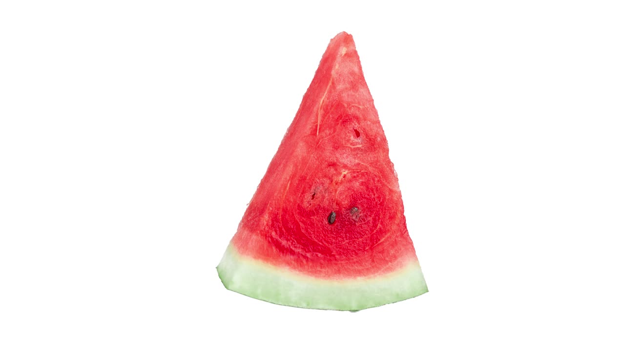 big red ripe watermelon slice animated on a white background close-up. realistic 3d food. advertising concept with copy space