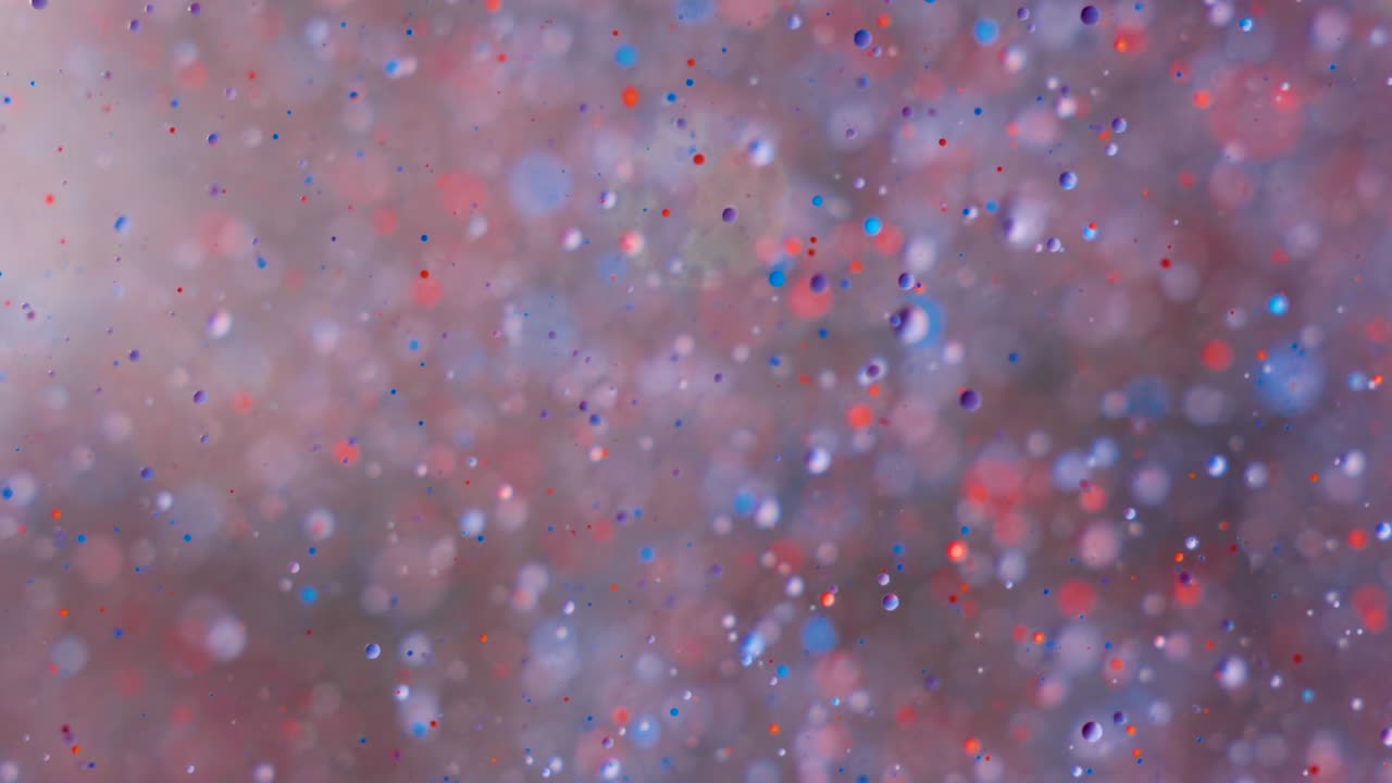 우주에서 입자의 추상적인 혼란스러운 움직임, 느린 움직임, 밝은 색상, 거품, 오일 페인트, 우주, 다채로운 가까운 움직임, 아크릴 페인트, 환상적인 최면 표면, 빅, 나노 기술.