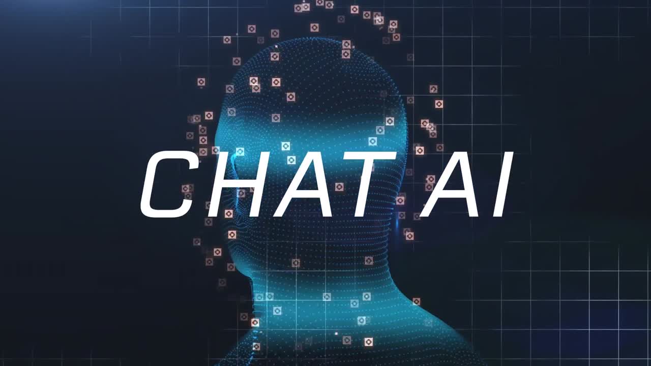 인공지능 텍스트 및 데이터 처리의 애니메이션 인간 머리 위에서