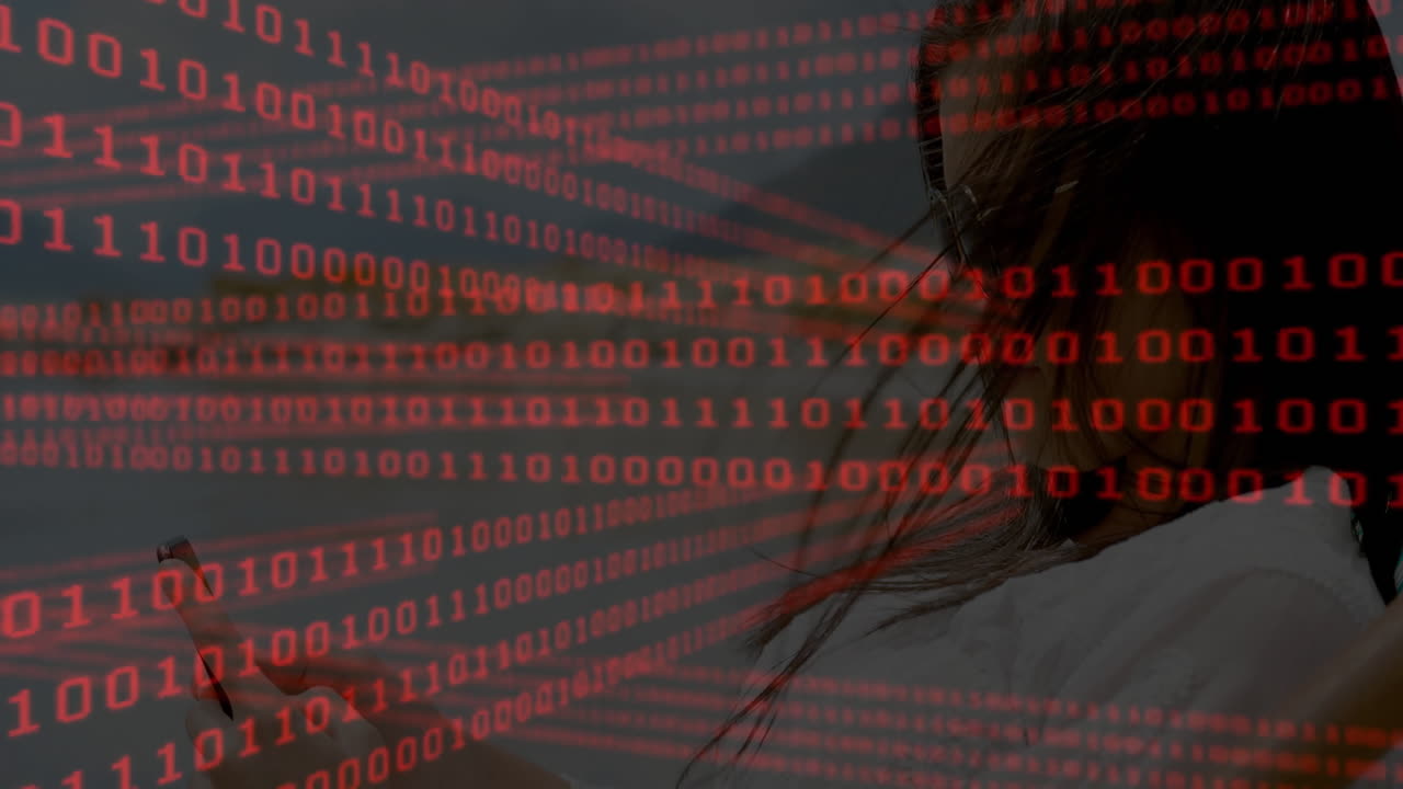Using smartphone, person with red binary code animation overlaying screen