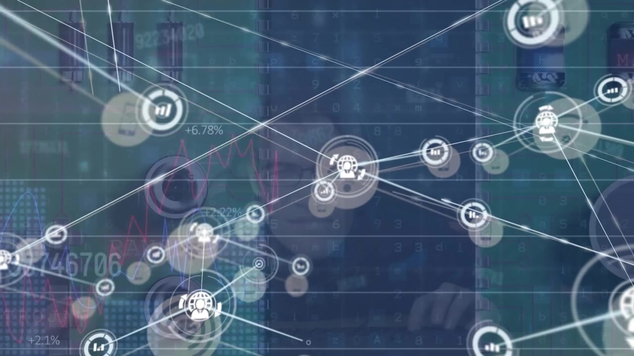 Animation of network of connections over caucasian male hacker
