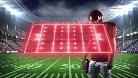 american football player standing on field with animation of digital scoreboard