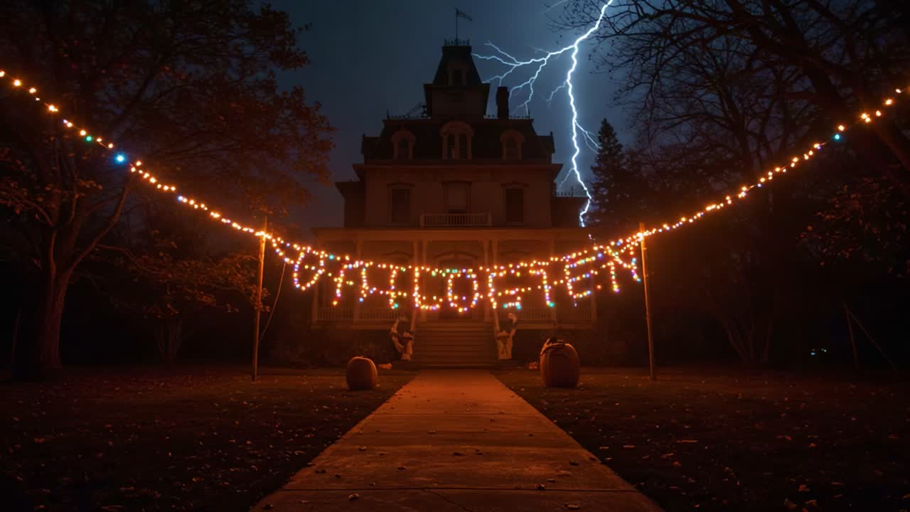 A Spooky Halloween Night: A Grand Mansion Illuminated by Colorful Lights Amidst a Dark Landscape and Striking Lightning in the Background