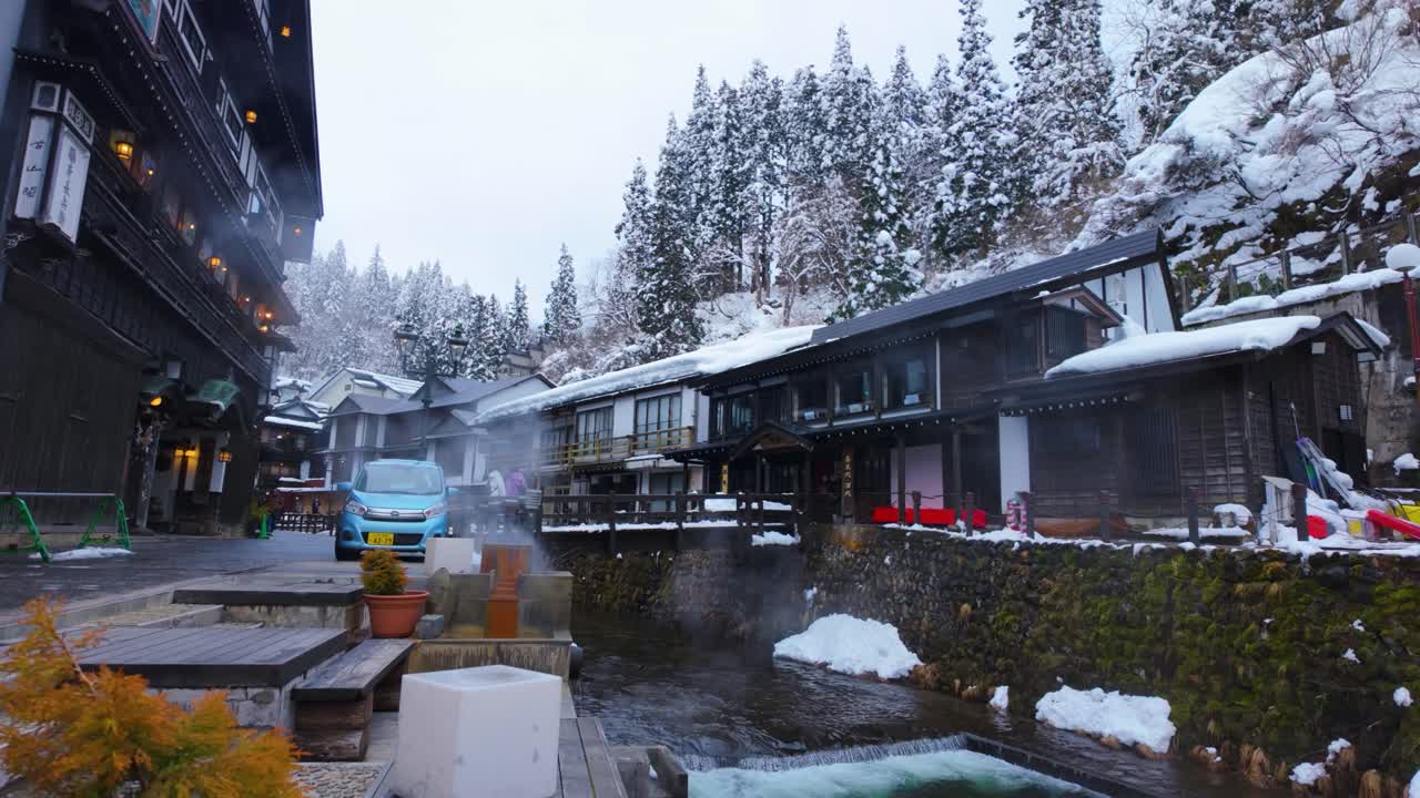 Ginzan Onsen in the Morning, Steam Rising from Hot Springs on Cold Winter Day