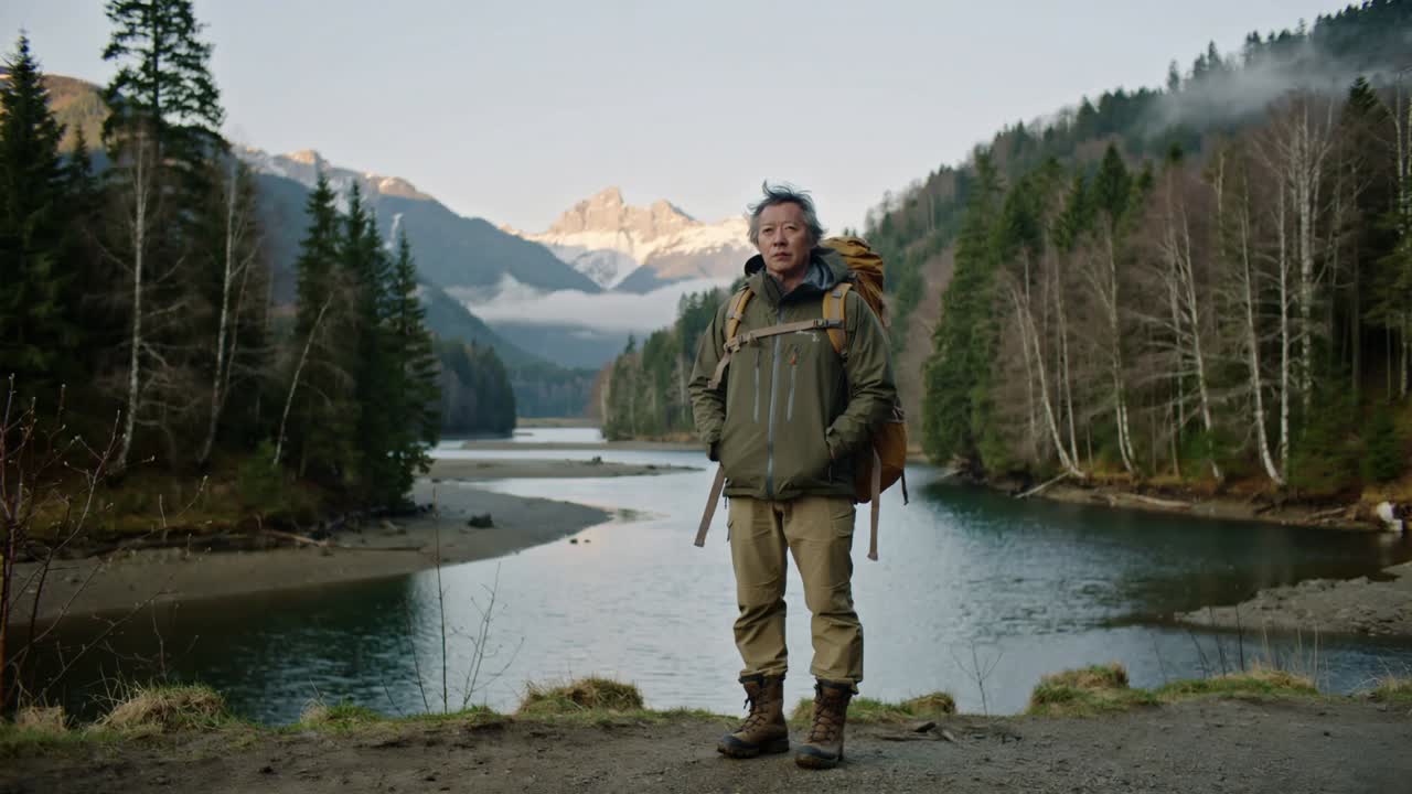 Camera filming Asian hiker in olive jacket, mustard backpack, pausing to view mountain at lakeside