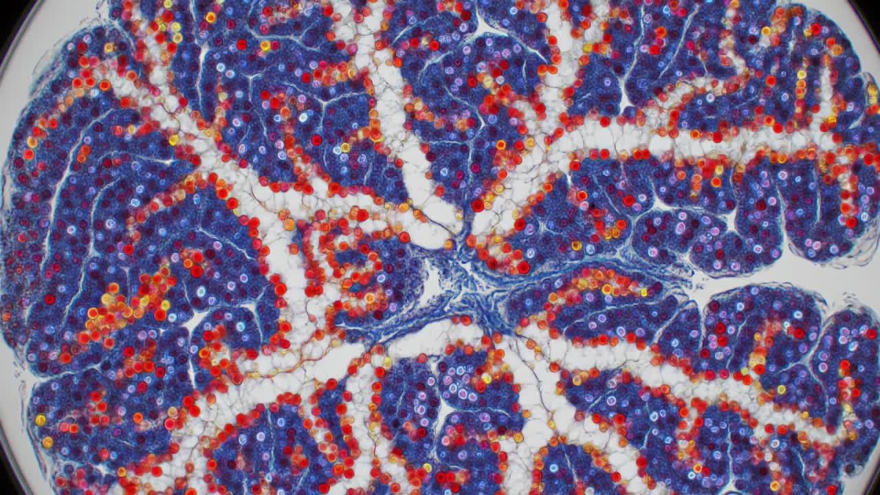 Microscopic Imaging of Cell Structures: A Detailed View of Interconnected Cellular Patterns Highlighting Vibrant Blue and Red Elements