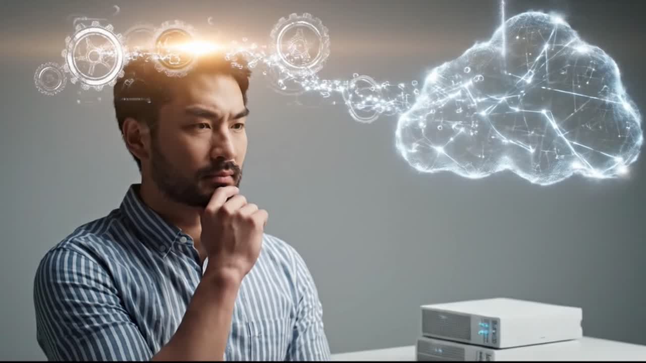 Businessman with Neural Interface Connecting to AI Cloud Computing Server