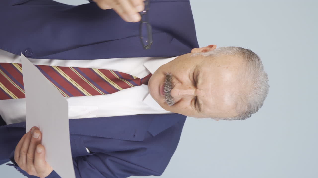 ⁇ 은 사업가의 수직 비디오가 서류를 검토하고 화를 내고 있습니다.