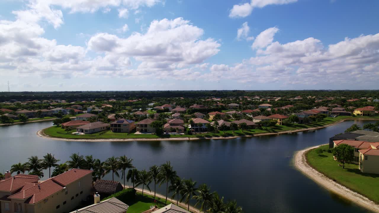 Aerial: West Palm Beach residential area with a lake during the day in Florida, USA, dolly in drone shot