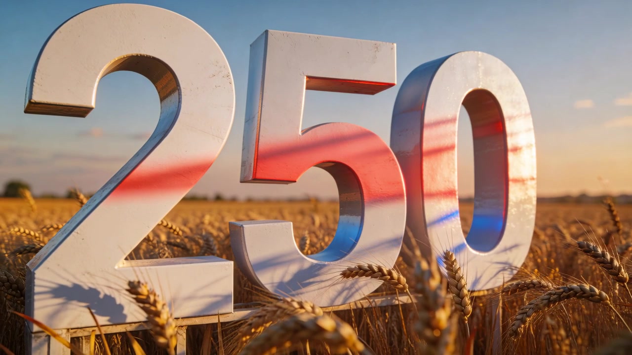 Telecamera in movimento che inquadra grandi numeri bianchi 250 in un campo di grano, il sole che tramonta, con strisce rosse che appaiono.