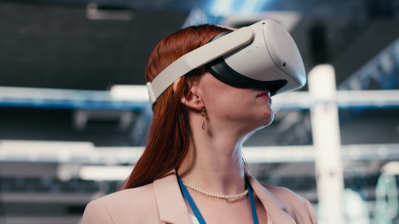 Young Woman Puts on VR Headset and Interacts with Virtual Reality