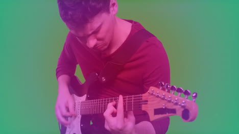 musician playing electric guitar in music studio, with animated sound bars floating overhead