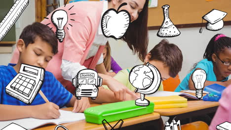 animation of black and white school items scrolling over happy female teacher and children in class