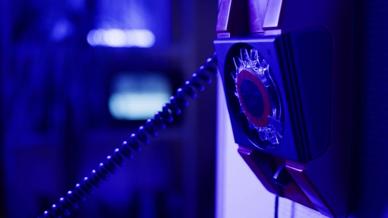 Retro rotary phone in a dimly lit room