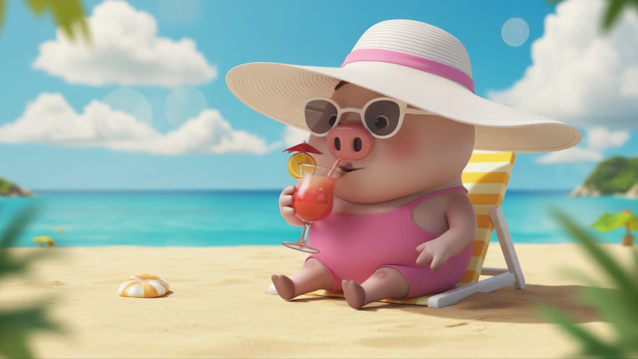 A Relaxing Day at the Beach: A Cute Cartoon Pig Enjoys a Tropical Vacation While Sipping a Refreshing Drink Under the Sun in Stylish Sunglasses and a Sun Hat