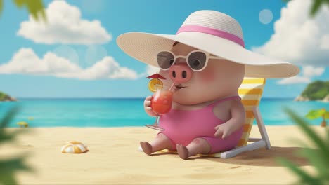 a relaxing day at the beach: a cute cartoon pig enjoys a tropical vacation while sipping a refreshing drink under the sun in stylish sunglasses and a sun hat