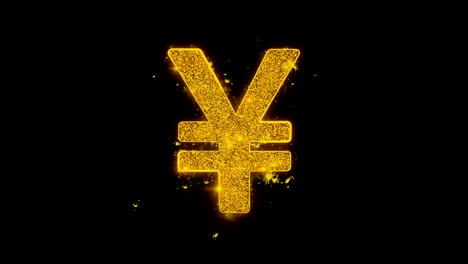 yen symbol currency icon sparks particles on black background.