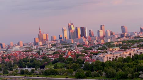 warsaw city skyline, picturesque urban scenery, aerial orbital panorama