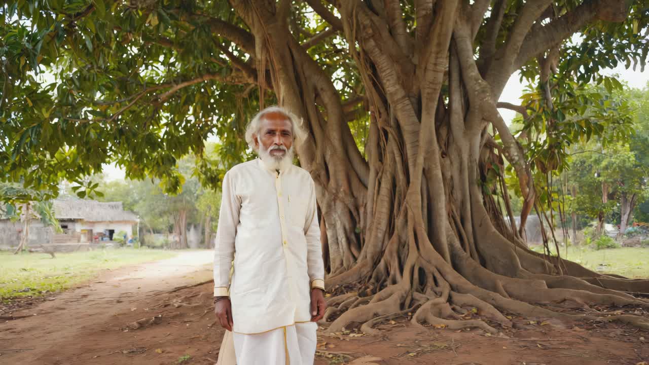 Serene portrait of an elderly farmer standing by a majestic banyan tree, reflecting wisdom and a deep connection to nature in a tranquil rural village