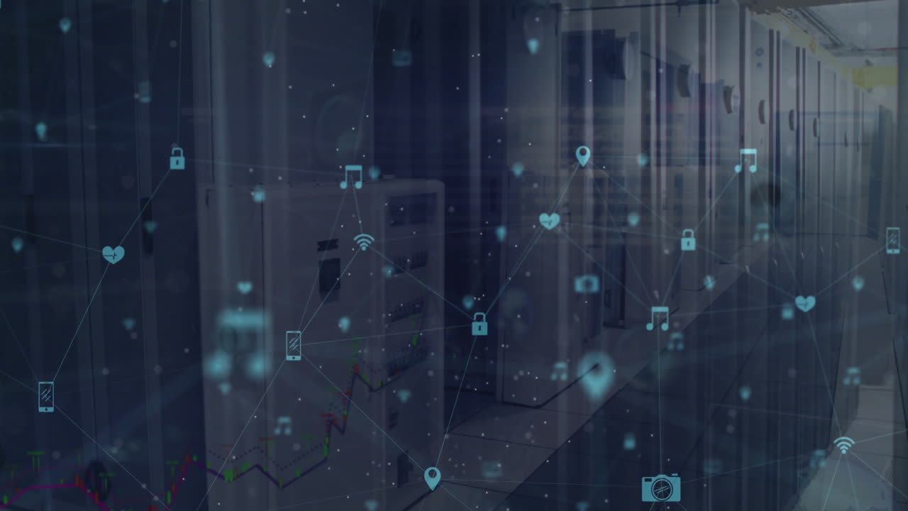 Animation of network of connections with icons over server room
