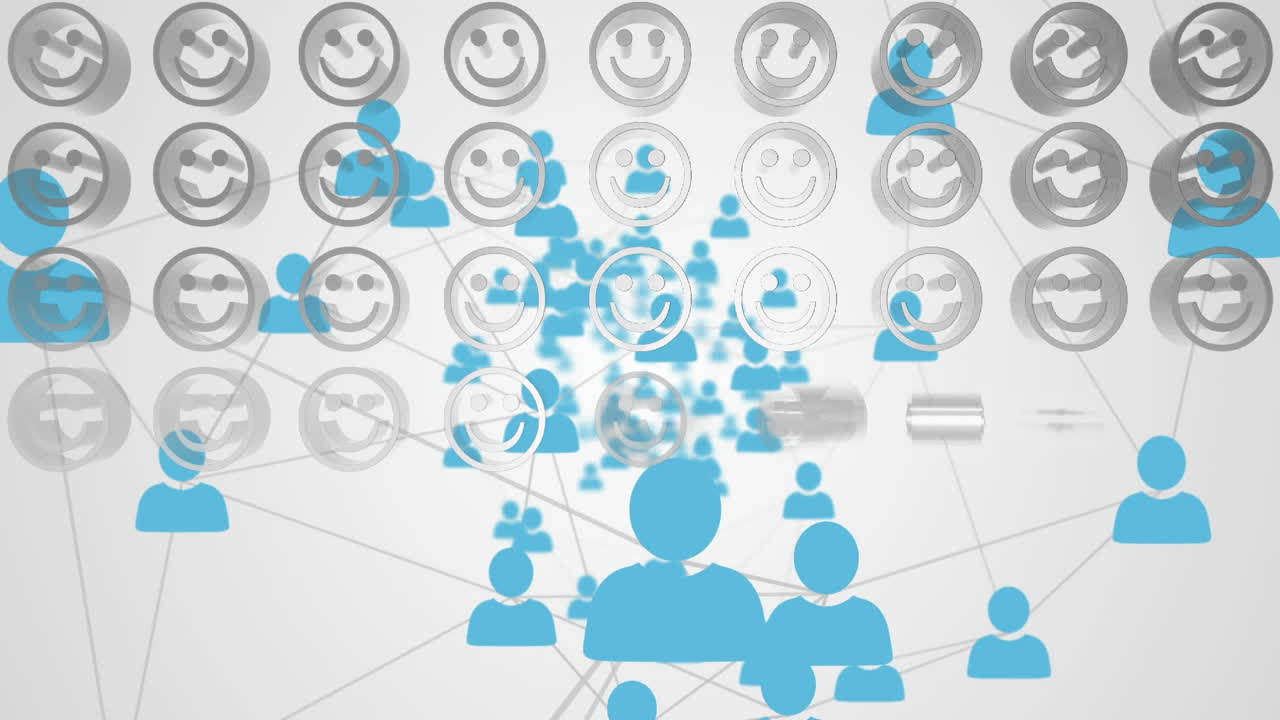 Rækker af flere smilende ansigtsemojis mod et netværk af profilikoner på hvid baggrund.