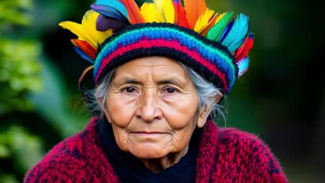 an old woman wearing a colorful headdress