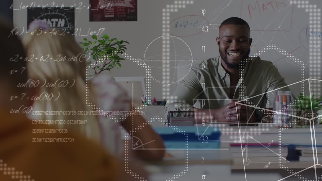 Animation of maths calculations and geometry over happy african american male teacher at desk