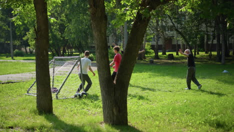 a family enjoys an outdoor soccer game as the young son kicks the ball into the goal, they celebrates the goal as the goalkeeper lies on the ground, covering his face in shame